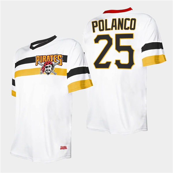 Mens Pittsburgh Pirates #25 Gregory Polanco White V-Neck Cooperstown Collection Jersey