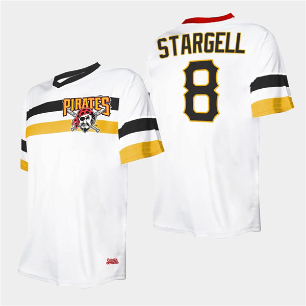 Mens Pittsburgh Pirates Retired Player #8 Willie Stargell White Cooperstown Collection V-Neck Jersey Mens Pittsburgh Pirates Retired Player #8 Willie Stargell White Cooperstown Collection V-Neck Jersey