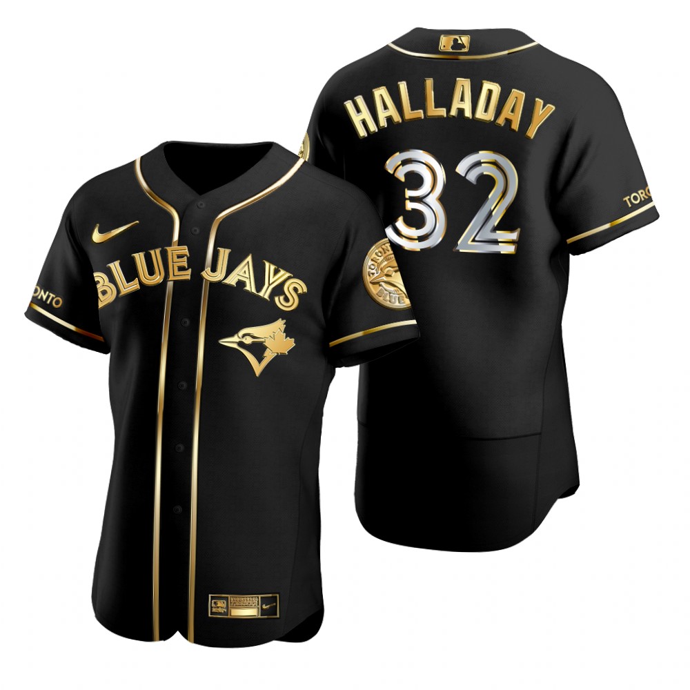 Mens Toronto Blue Jays Retired Player #32 Roy Halladay Nike Black Golden Edition Stitched Jersey