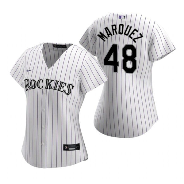 Womens Colorado Rockies #48 German Marquez Nike White Pinstripe Stitched MLB Cool Base Home Jersey