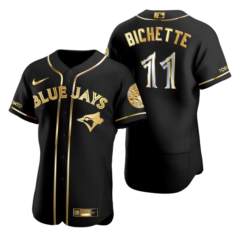 Mens Toronto Blue Jays #11 Bo Bichette Nike Black Golden Edition Stitched Jersey Mens Toronto Blue Jays #11 Bo Bichette Nike Black Golden Edition Stitched Jersey