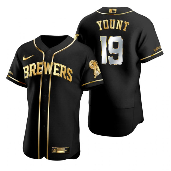 Mens Milwaukee Brewers Retired Player #19 Robin Yount Nike Black Golden Edition Stitched Jersey