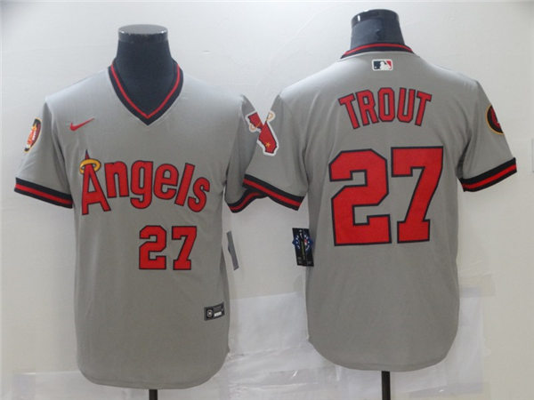 Mens Los Angeles Angels #27 Mike Trout Nike Grey Pullover Cooperstown Collection Jersey Mens Los Angeles Angels #27 Mike Trout Nike Grey Pullover Cooperstown Collection Jersey