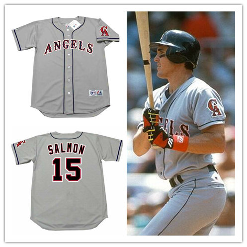 Mens California Angels #15 TIM SALMON 1996 Grey Away Majestic Throwback Cooperstown Jersey