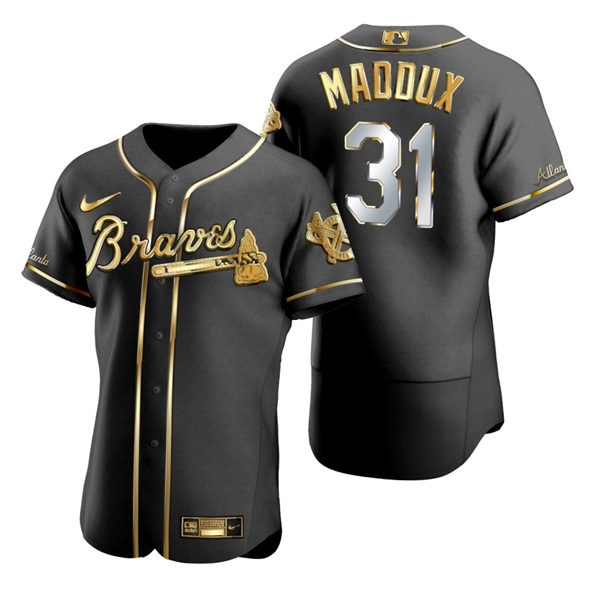 Mens Atlanta Braves Retired Player #31 Greg Maddux Nike Black Golden Edition Stitched Jersey