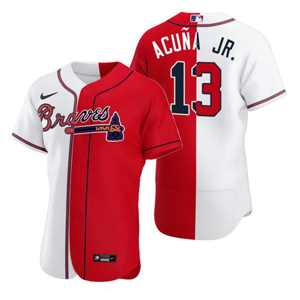 Mens Atlanta Braves #13 Ronald Acuna Jr. Nike White Red Split Two-Tone Jersey