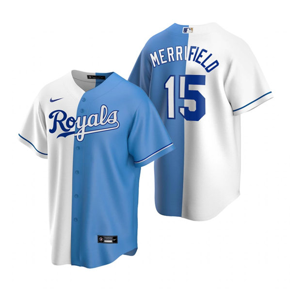 Mens Kansas City Royals #15 Whit Merrifield Nike White Royal Split Two-Tone Jersey