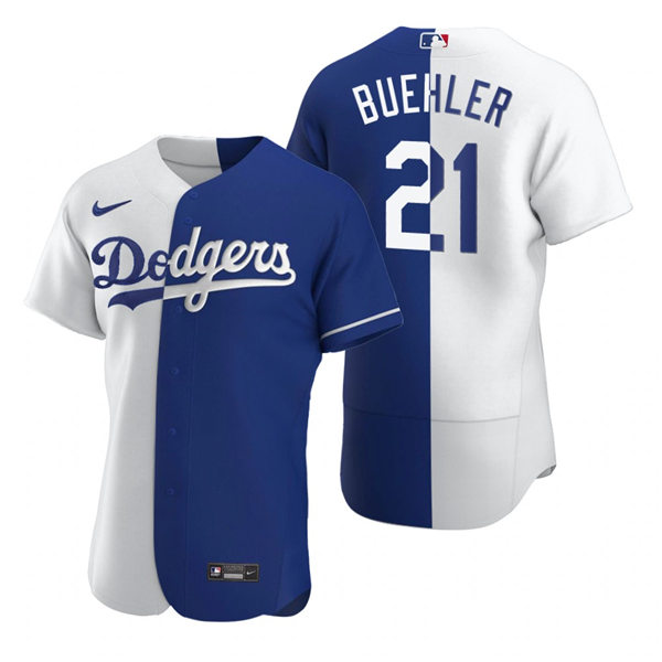 Mens Los Angeles Dodgers #21 Walker Buehler Nike White Royal Split Two-Tone Jersey