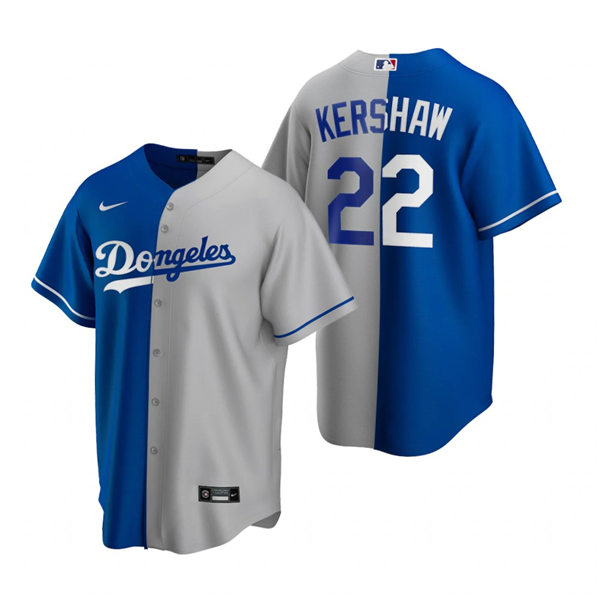 Mens Los Angeles Dodgers #22 Clayton Kershaw Nike Royal Grey Split Two-Tone Jersey