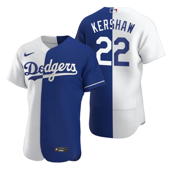Mens Los Angeles Dodgers #22 Clayton Kershaw Nike White Royal Split Two-Tone Jersey