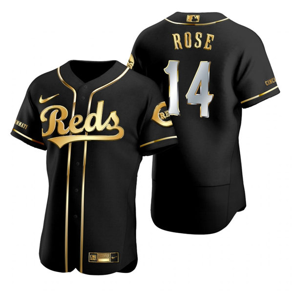 Mens Cincinnati Reds Retired Player #14 Pete Rose Nike Black Golden Edition Stitched Jersey