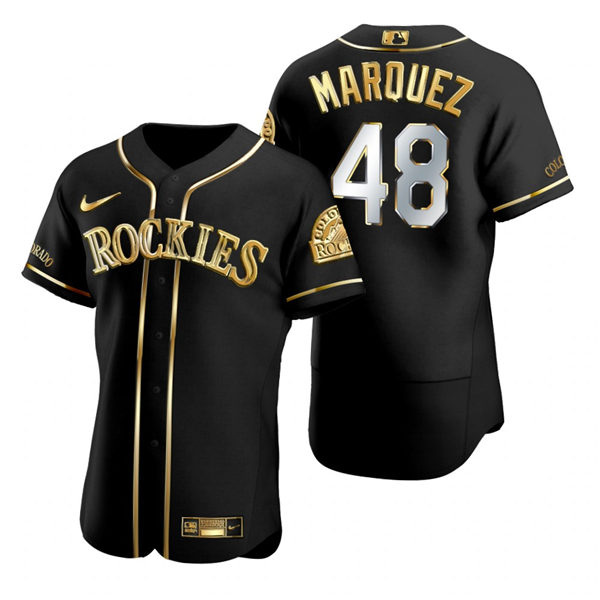 Mens Colorado Rockies #48 German Marquez Nike Black Golden Edition Stitched Jersey Mens Colorado Rockies #48 German Marquez Nike Black Golden Edition Stitched Jersey