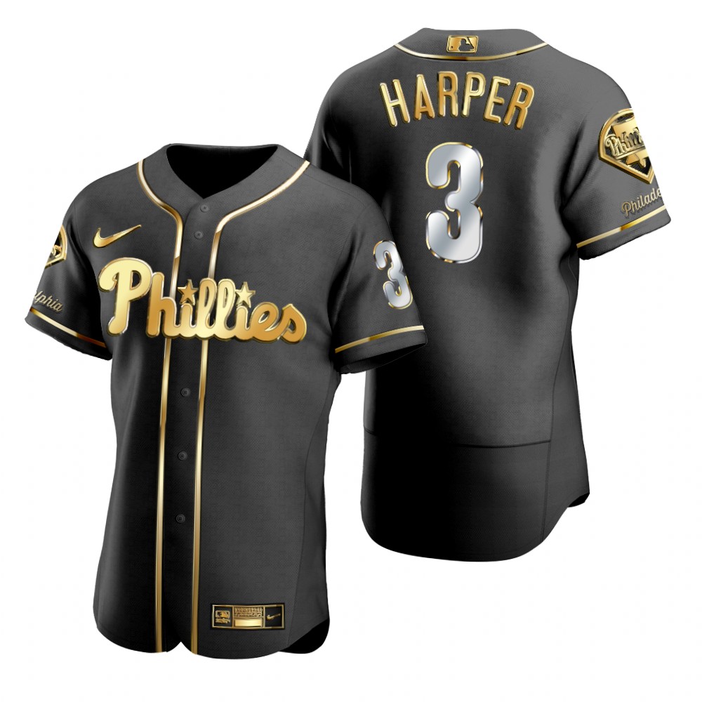 Mens Philadelphia Phillies #3 Bryce Harper Stitched Nike Black Golden Edition Jersey Mens Philadelphia Phillies #3 Bryce Harper Stitched Nike Black Golden Edition Jersey
