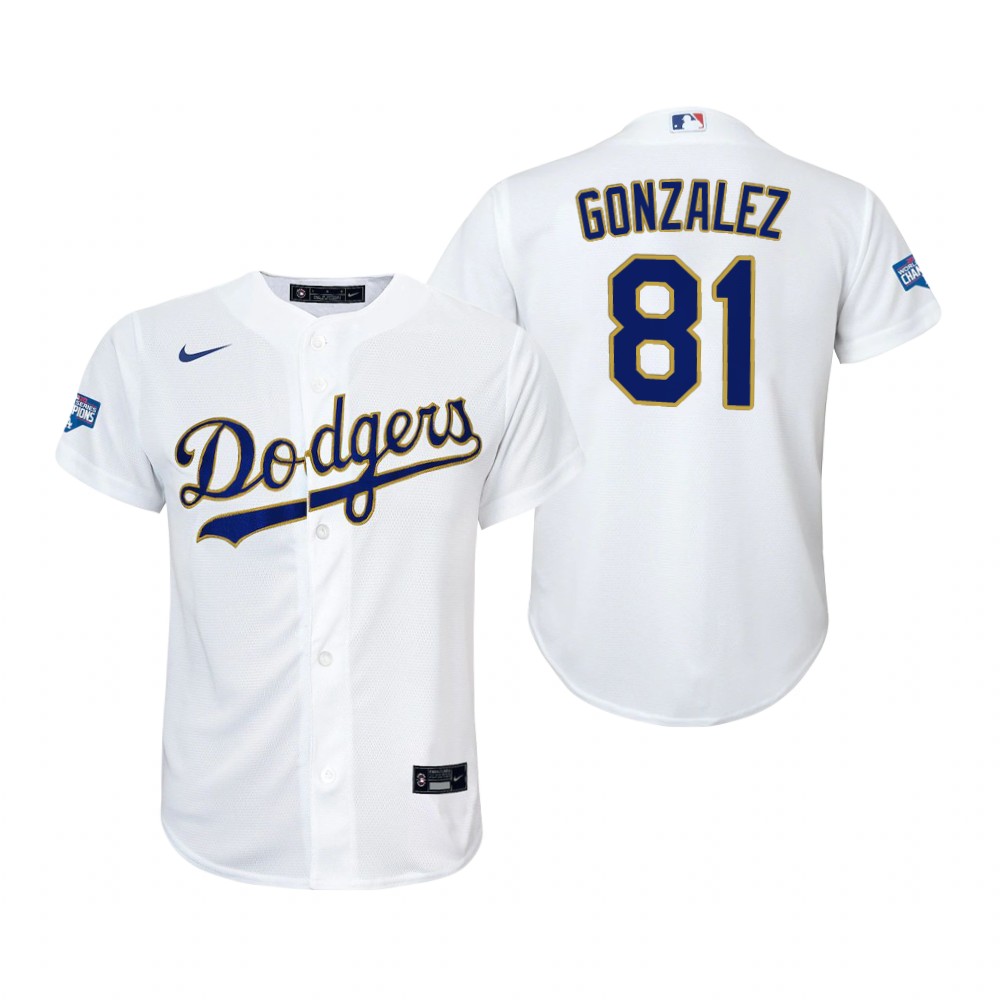 Youth Los Angeles Dodgers #81 Victor Gonzalez Nike White Gold 2021 Gold Program Player Jersey Youth Los Angeles Dodgers #81 Victor Gonzalez Nike White Gold 2021 Gold Program Player Jersey