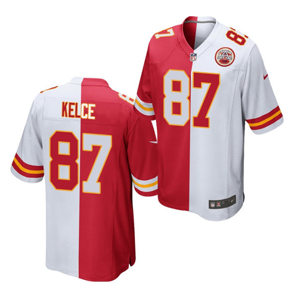 Mnes Kansas City Chiefs #87 Travis Kelce Nike Red White Split Two Tone Jersey