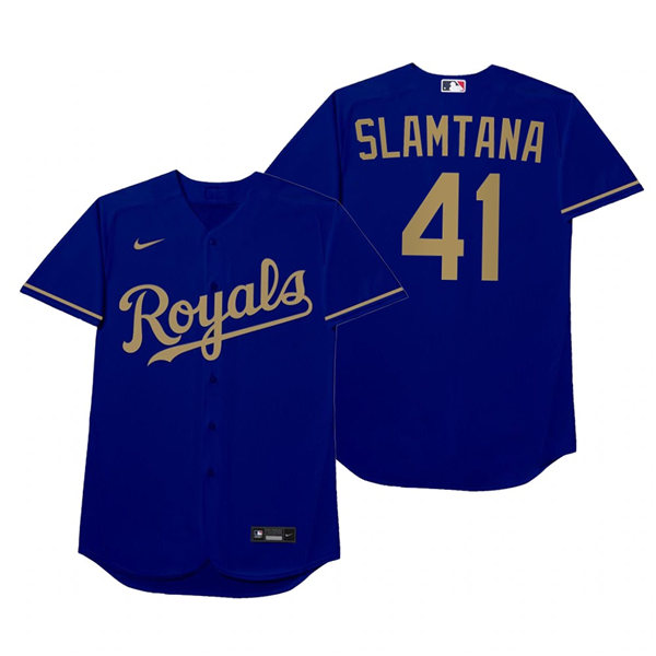 Mens Kansas City Royals #41 Carlos Santana Blue 2021 Players' Weekend Nickname Slamtana Jersey Mens Kansas City Royals #41 Carlos Santana Blue 2021 Players' Weekend Nickname Slamtana Jersey