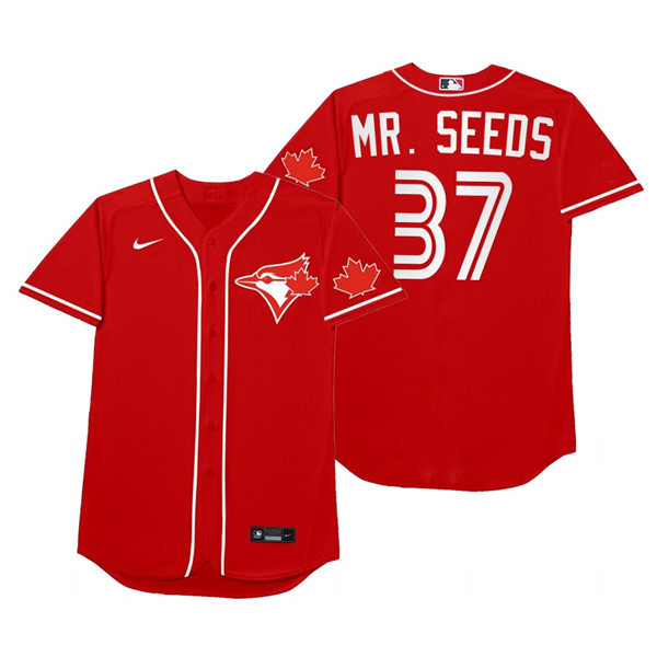 Mens Toronto Blue Jays #37 Teoscar Hernandez Nike Red 2021 Players' Weekend Nickname Mr. Seeds Jersey