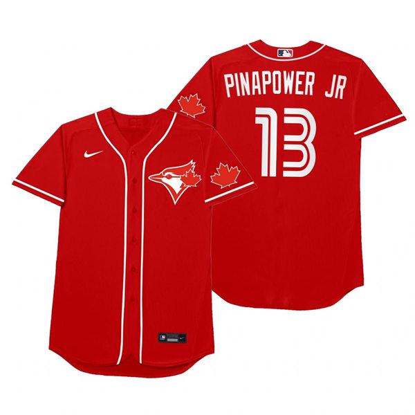 Mens Toronto Blue Jays #13 Lourdes Gurriel Jr. Nike Red 2021 Players' Weekend Nickname Pinapower Jr Jersey Mens Toronto Blue Jays #13 Lourdes Gurriel Jr. Nike Red 2021 Players' Weekend Nickname Pinapower Jr Jersey