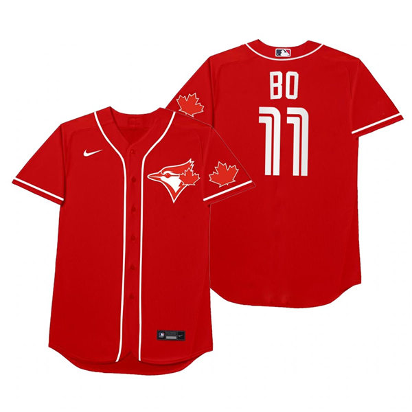 Mens Toronto Blue Jays #11 Bo Bichette Nike Red 2021 Players' Weekend Nickname Bo Jersey Mens Toronto Blue Jays #11 Bo Bichette Nike Red 2021 Players' Weekend Nickname Bo Jersey