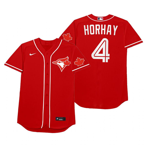 Mens Toronto Blue Jays #4 George Springer Nike Red 2021 Players' Weekend Nickname Horhay Jersey