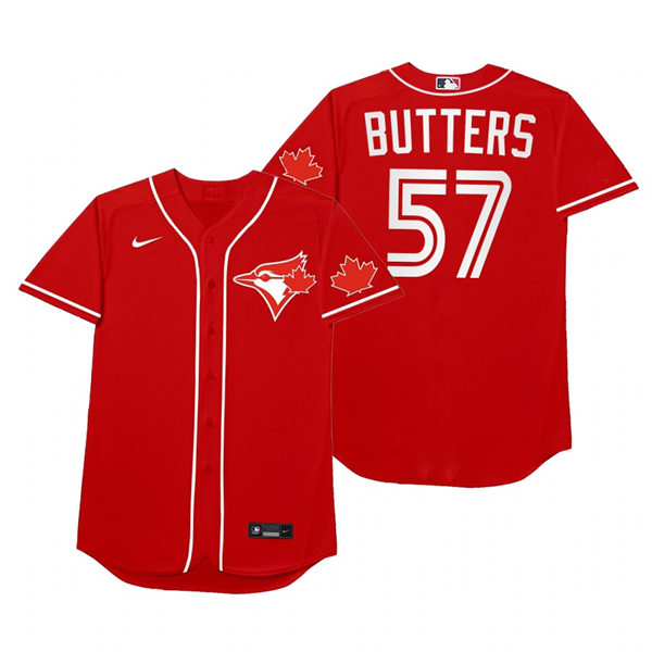 Mens Toronto Blue Jays #57 Trent Thornton Nike Red 2021 Players' Weekend Nickname Butters Jersey