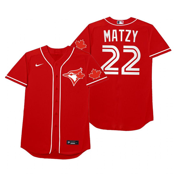 Mens Toronto Blue Jays #22 Steven Matz Nike Red 2021 Players' Weekend Nickname Matzy Jersey