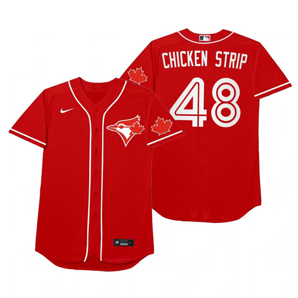 Mens Toronto Blue Jays #48 Ross Stripling Nike Red 2021 Players' Weekend Nickname Chicken Strip Jersey