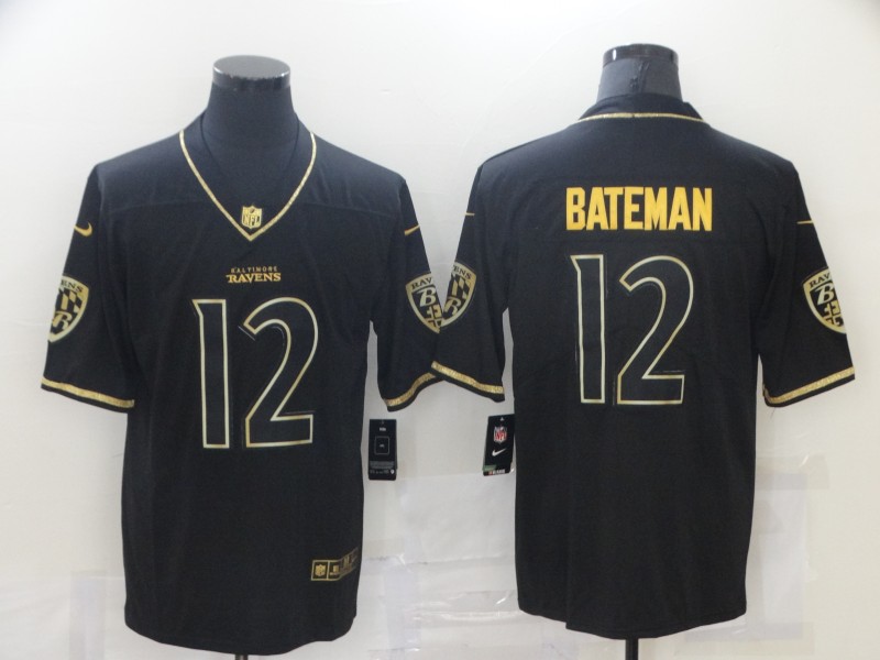 Mens Baltimore Ravens #12 Rashod Bateman Nike Black Gold Retro Football Jersey