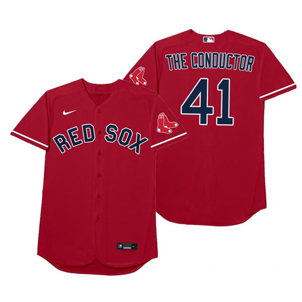 Mens Boston Red Sox #41 Chris Sale Nike Red 2021 Players' Weekend Nickname The Conductor Jersey