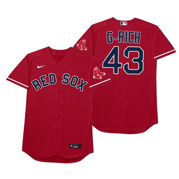 Mens Boston Red Sox #43 Garrett Richards Nike Red 2021 Players' Weekend Nickname G-Rich Jersey