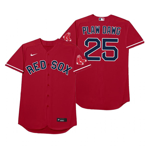 Mens Boston Red Sox #25 Kevin Plawecki Nike Red 2021 Players' Weekend Nickname Plaw Dawg Jersey