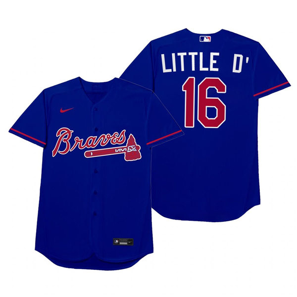 Mens Atlanta Braves #16 Travis d'Arnaud Nike Royal 2021 Players' Weekend Nickname Little D' Jersey