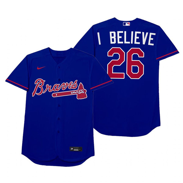 Mens Atlanta Braves #26 Stephen Vogt Nike Royal 2021 Players' Weekend Nickname I Believe Jersey Mens Atlanta Braves #26 Stephen Vogt Nike Royal 2021 Players' Weekend Nickname I Believe Jersey