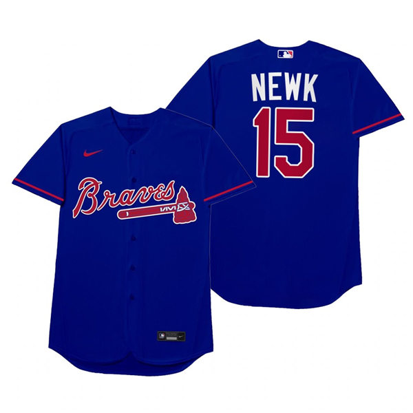 Mens Atlanta Braves #15 Sean Newcomb Nike Royal 2021 Players' Weekend Nickname Newk Jersey