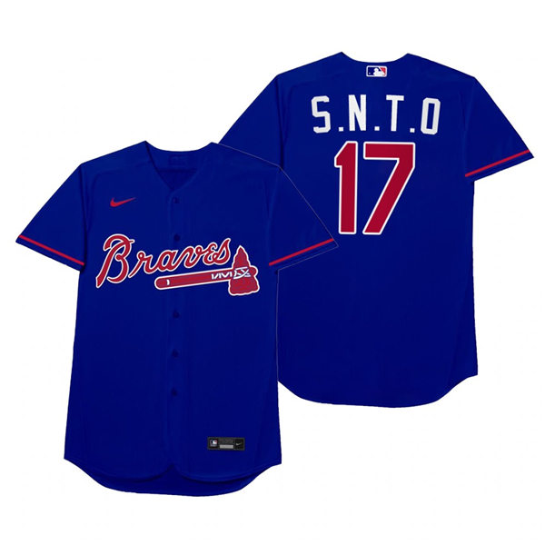 Mens Atlanta Braves #17 Johan Camargo Nike Royal 2021 Players' Weekend Nickname S.N.T.O Jersey Mens Atlanta Braves #17 Johan Camargo Nike Royal 2021 Players' Weekend Nickname S.N.T.O Jersey