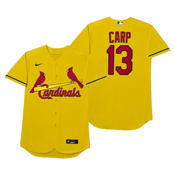 Mens St. Louis Cardinals #13 Matt Carpenter Nike Gold 2021 Players' Weekend Nickname Carp Jersey