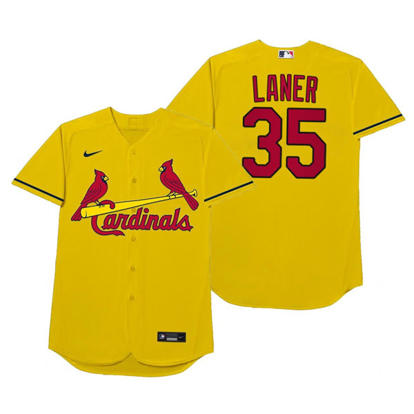 Mens St. Louis Cardinals #35 Lane Thomas Nike Gold 2021 Players' Weekend Nickname Laner Jersey