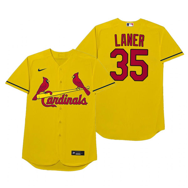 Mens St. Louis Cardinals #35 Lane Thomas Nike Gold 2021 Players' Weekend Nickname Laner Jersey