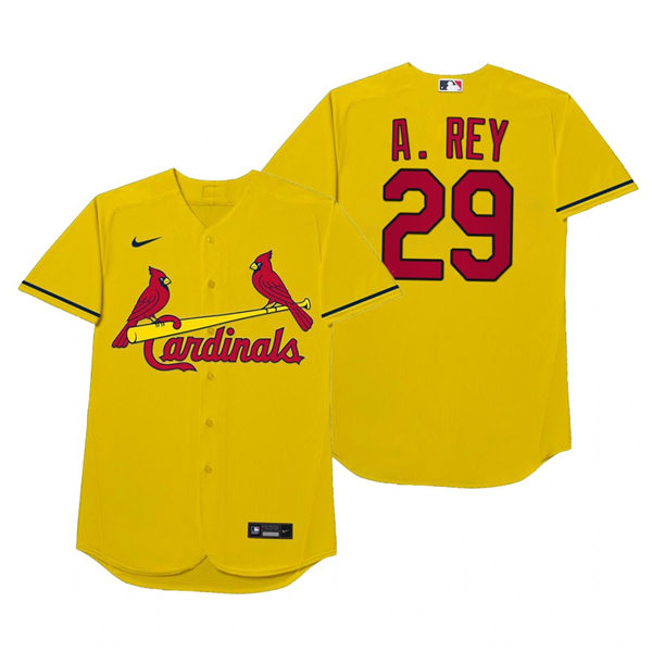 Mens St. Louis Cardinals #29 Alex Reyes Nike Gold 2021 Players' Weekend Nickname A. Rey Jersey Mens St. Louis Cardinals #29 Alex Reyes Nike Gold 2021 Players' Weekend Nickname A. Rey Jersey