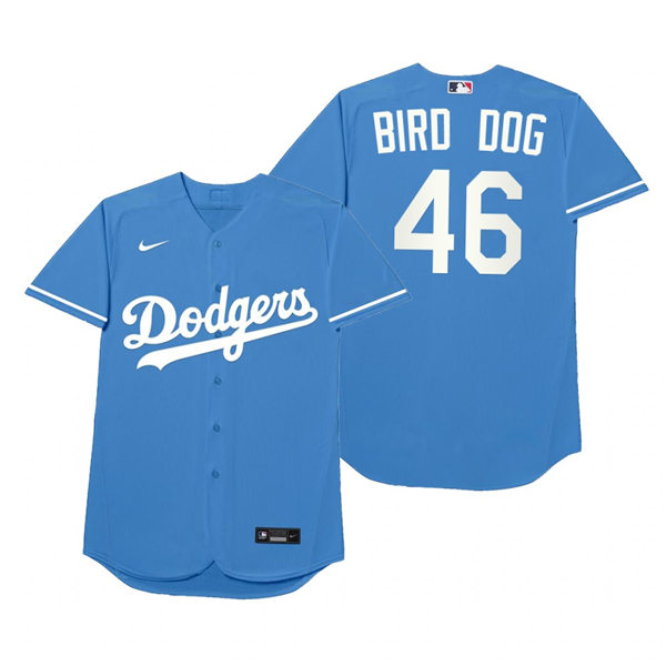 Mens Los Angeles Dodgers #46 Corey Knebel Nike Royal 2021 Players' Weekend Nickname Bird Dog Jersey