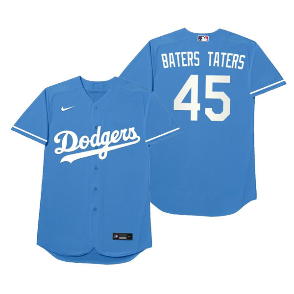Mens Los Angeles Dodgers #45 Matt Beaty Nike Royal 2021 Players' Weekend Nickname Baters Taters Jersey