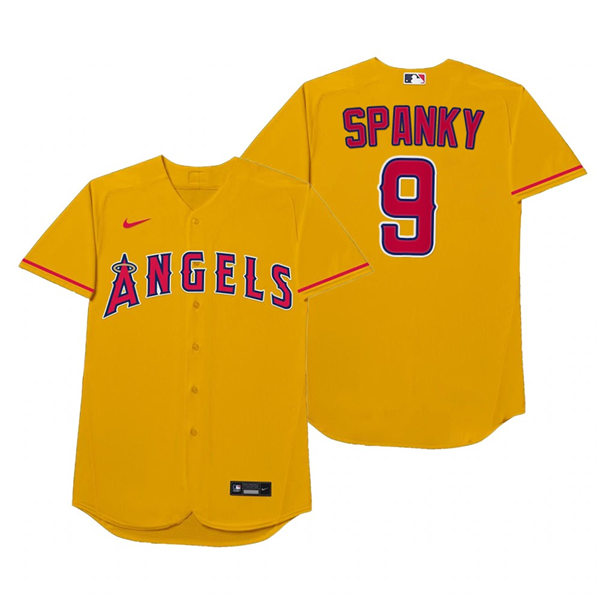 Mens Los Angeles Angels #9 Adam Eaton Nike Gold 2021 Players' Weekend Nickname Spanky Jersey Mens Los Angeles Angels #9 Adam Eaton Nike Gold 2021 Players' Weekend Nickname Spanky Jersey