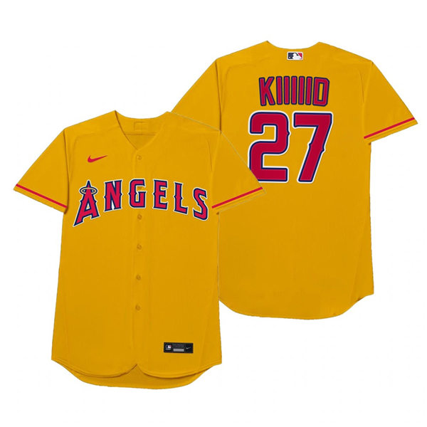 Mens Los Angeles Angels #27 Mike Trout Nike Gold 2021 Players' Weekend Nickname Kiiiiid Jersey