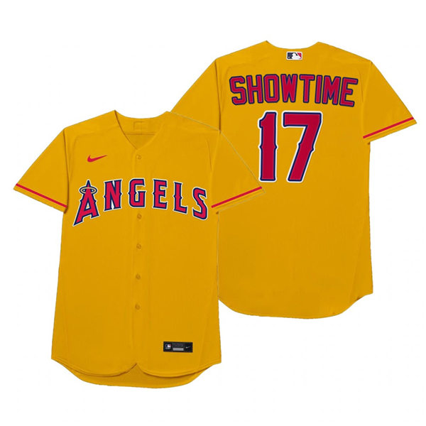 Mens Los Angeles Angels #17 Shohei Ohtani Nike Gold 2021 Players' Weekend Nickname Showtime Jersey