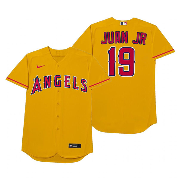 Mens Los Angeles Angels #19 Juan Lagares Nike Gold 2021 Players' Weekend Nickname Juan Jr Jersey