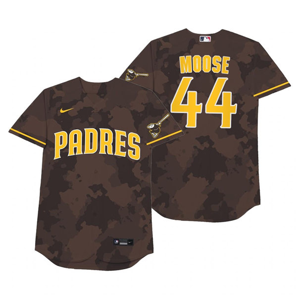 Mens San Diego Padres #44 Joe Musgrove Nike Brown Camo 2021 Players' Weekend Nickname Moose Jersey Mens San Diego Padres #44 Joe Musgrove Nike Brown Camo 2021 Players' Weekend Nickname Moose Jersey