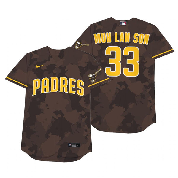 Mens San Diego Padres #33 Mark Melancon Muh Nike Brown Camo 2021 Players' Weekend Nickname Lan Son Jersey