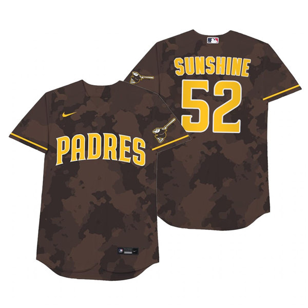 Mens San Diego Padres #52 Mike Clevinger Nike Brown Camo 2021 Players' Weekend Nickname Sunshine Jersey Mens San Diego Padres #52 Mike Clevinger Nike Brown Camo 2021 Players' Weekend Nickname Sunshine Jersey