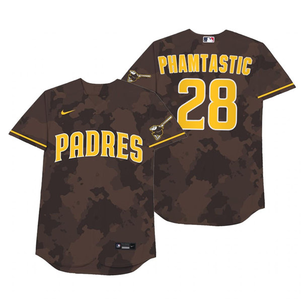 Mens San Diego Padres #28 Tommy Pham Nike Brown Camo 2021 Players' Weekend Nickname Phamtastic Jersey Mens San Diego Padres #28 Tommy Pham Nike Brown Camo 2021 Players' Weekend Nickname Phamtastic Jersey
