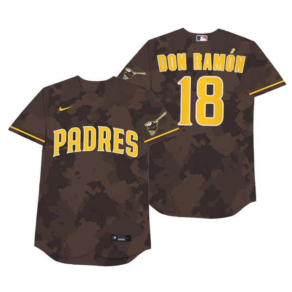 Mens San Diego Padres #18 Pedro Florimon Nike Brown Camo 2021 Players' Weekend Nickname Don Ramon Jersey Mens San Diego Padres #18 Pedro Florimon Nike Brown Camo 2021 Players' Weekend Nickname Don Ramon Jersey